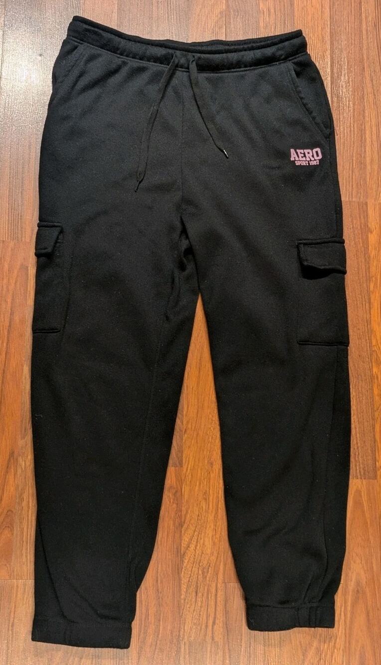 VTG Aeropostale Aero Sport Cargo Sweatpants Women XL Black Y2K Jogger Pants 1987